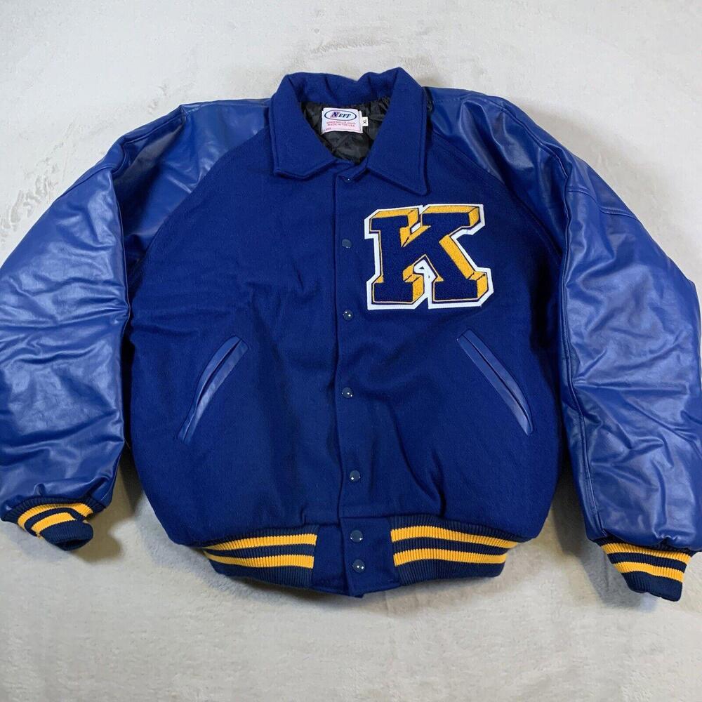 Vintage NEFF Jacket Varsity Letterman Mens XL Blue‎ Wool Leather Quilted Big K
